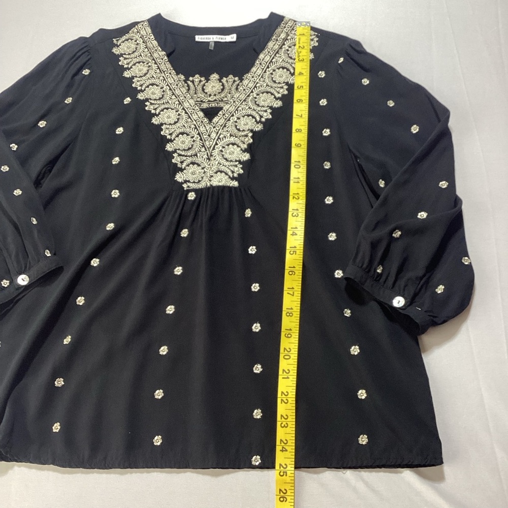 Woman’s Black Blouse with Gold Embroidery 3/4 Sleeves - Picture 12 of 13